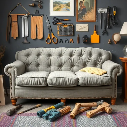 Design an image showcasing the process of sofa repair, highlighting tools and materials used in upholstery, suitable for alt description. Sofa Repair in `Ayn ad Dar Sofa Repair Bahrain